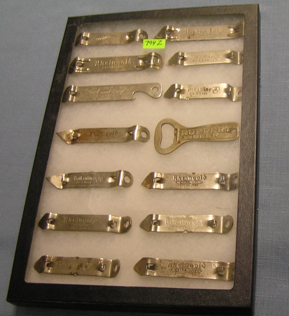 Group of early brewery advertising beer bottle openers: Group of early brewery advertising beer bottle openers includes Miller, Rhiengold, Ballentine, Ruppert beer. $65.00-$75.00
