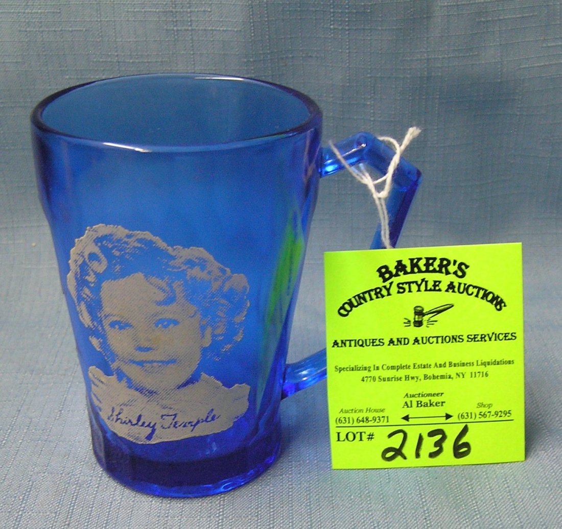 Vintage cobalt blue Shirley Temple decorated handled: Vintage cobalt blue Shirley Temple decorated handled drinking glass est. value $55.00-$65.00