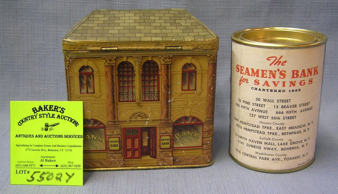 Pair of vintage tin banks: Pair of vintage tin banks includes figural bank building bank and Seaman's clipper ship themed bank est. value $50.00-$60.00