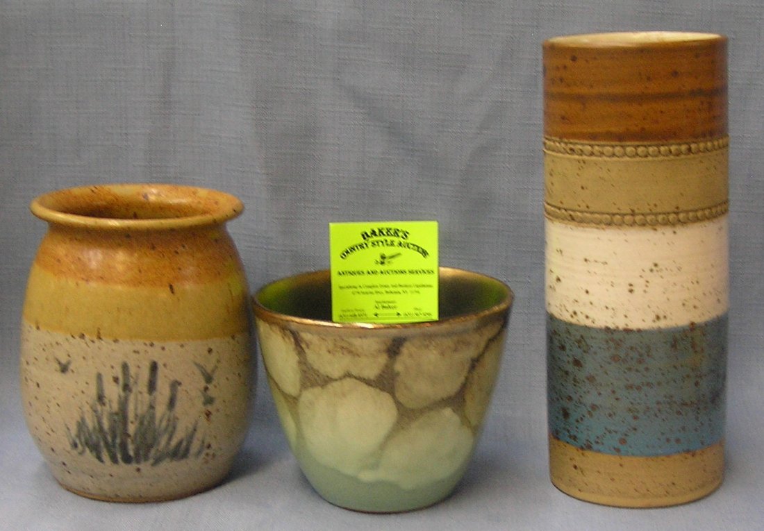 Group of 3 decorated stone ware bowls and vases: Group of 3 decorated stone ware bowls and vases est. value $35.00-$45.00