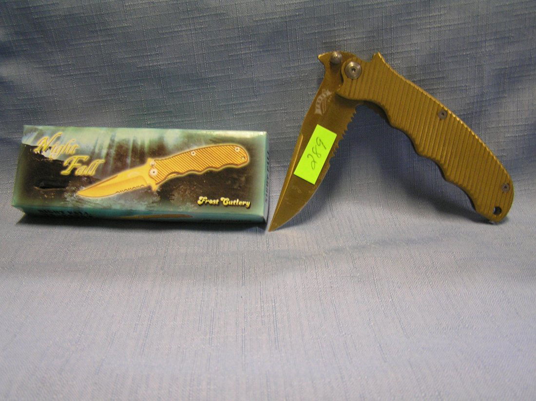 Golden nightfall pocket knife by Frost Cutlery: Golden nightfall pocket knife by Frost Cutlery mint in original box est. value $30.00-$40.00