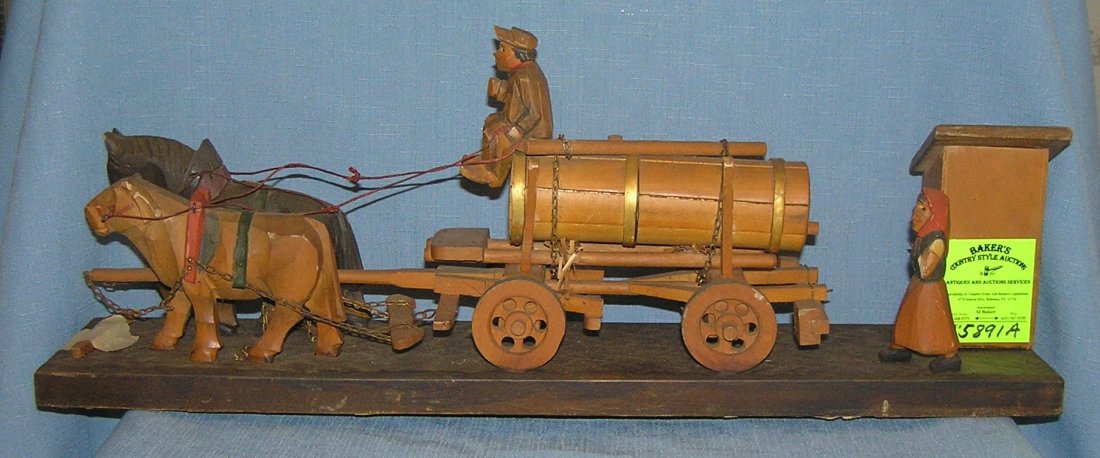 Early German Black Forest horse drawn beer wagon: Early German Black Forest horse drawn beer wagon with music box out building est. value $225.00-$250.00