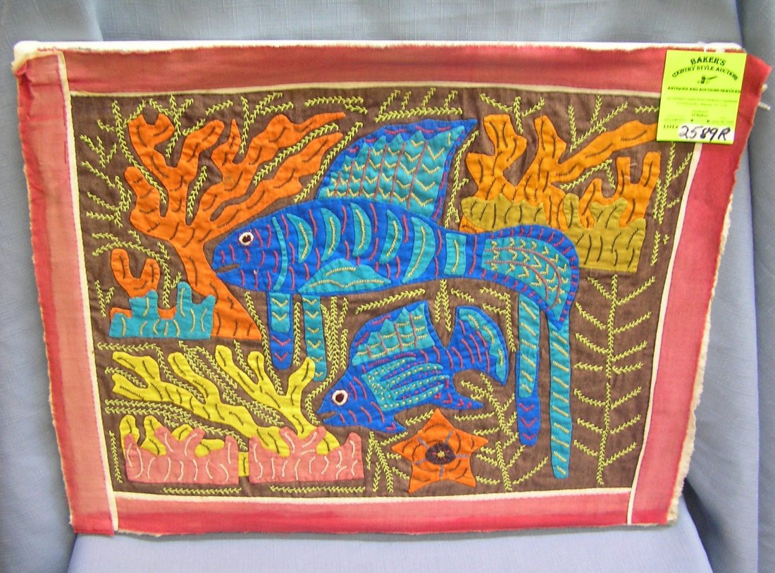 Hand stitched San Blasé Islands art work: Original reverse appliqué hand stitched San Blasé Islands art work of Panama 14" by 18", framed, matted on wooden canvas back est. value $40.00-$60.00