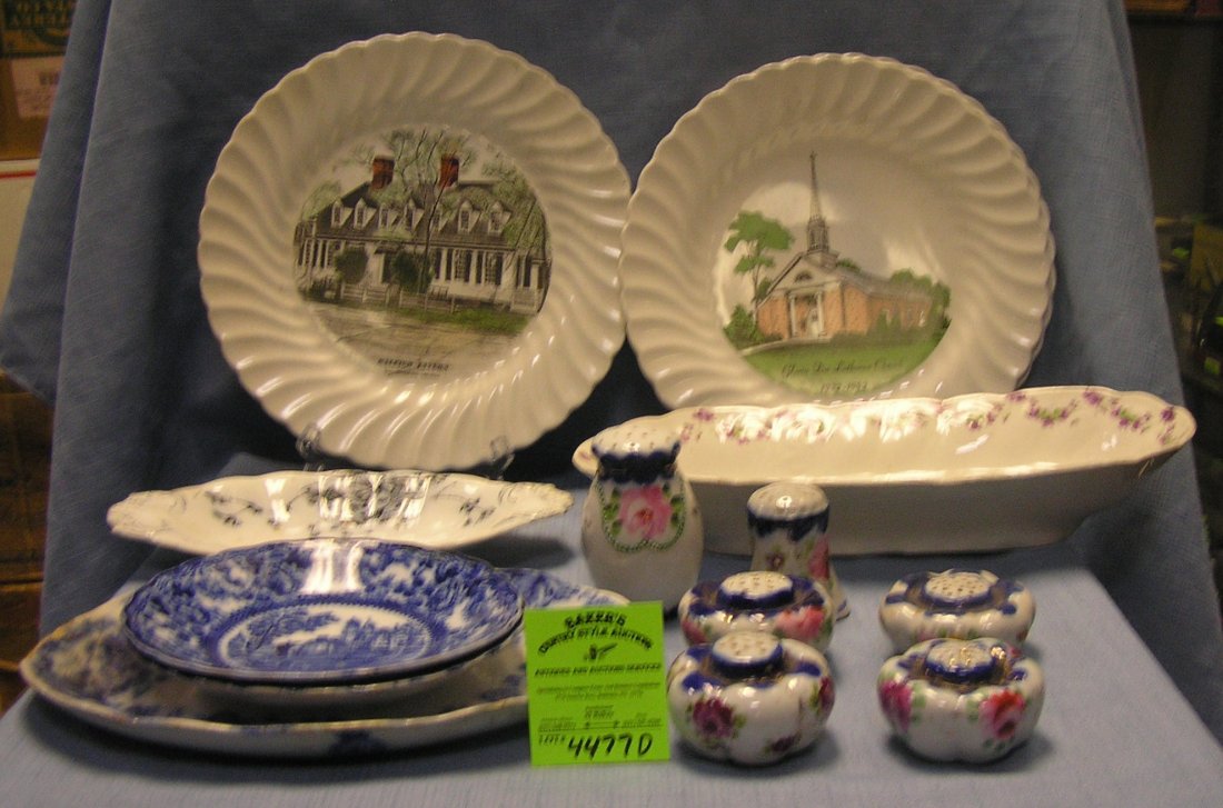 Estate box lot of early Flow Blue, blue willow and more: Estate box lot of early Flow Blue, blue willow and more, nice box full of antique and vintage plates, platters and salt and pepper shaker sets est. value $200.00-$225.00