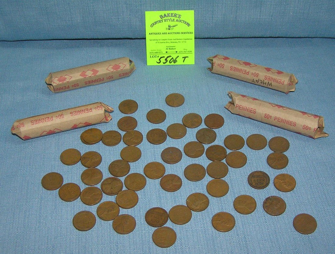 4 rolls of early wheat back US Lincoln pennies: Group of 4 rolls of early wheat back US Lincoln pennies all pre 1959, 200 pieces total est. value $50.00-$75.00