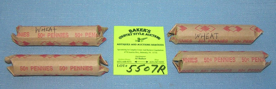 4 rolls of early wheat back US Lincoln pennies: Group of 4 rolls of early wheat back US Lincoln pennies all pre 1959, 200 pieces total est. value $50.00-$75.00