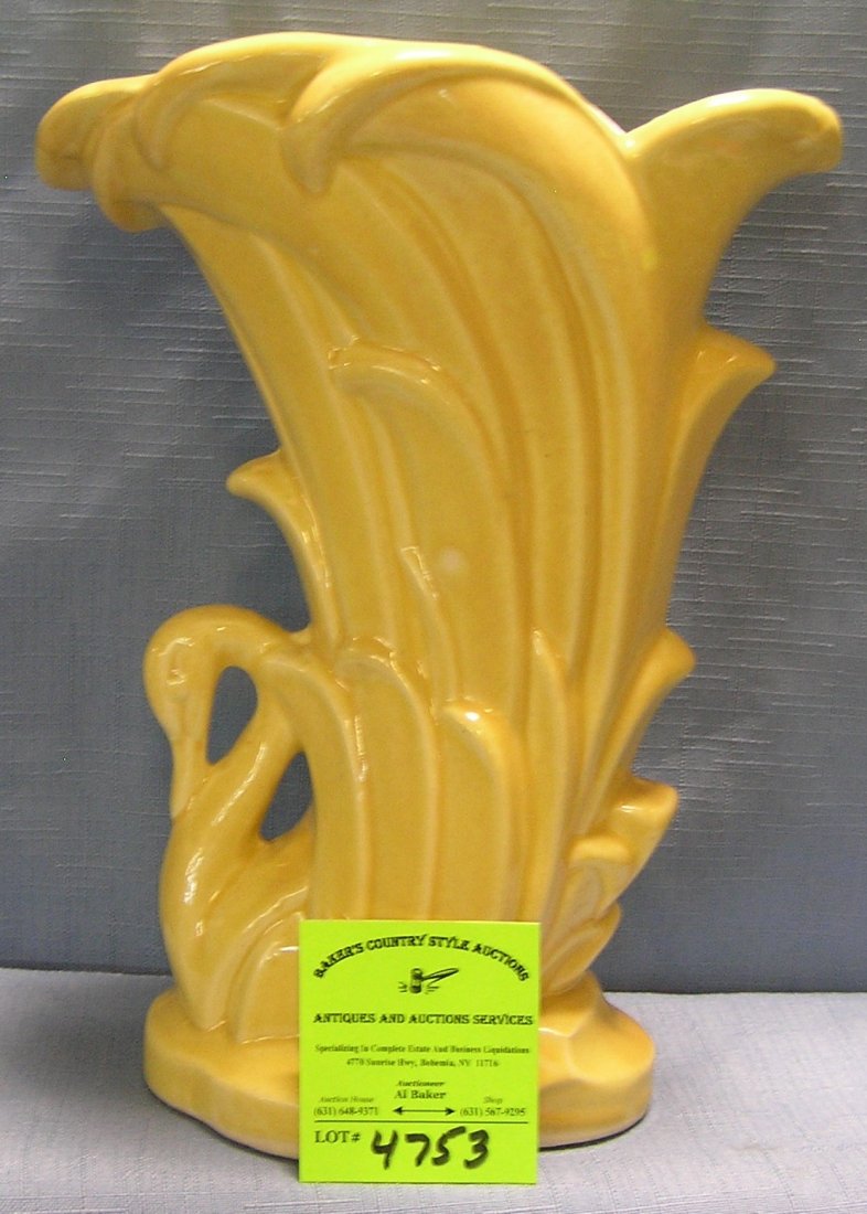 Early swan decorated flower vase by McCoy: Early swan decorated flower vase by McCoy $125.00-$150.00