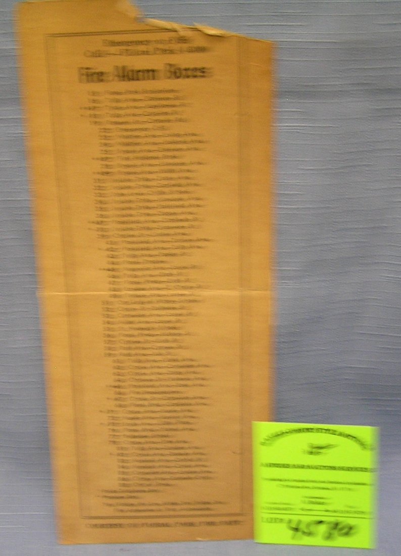 Early fire alarm call boxes numbered identification: Early fire alarm call boxes numbered identification card for NY and Long Island complete but with repair to center $25.00-$30.00