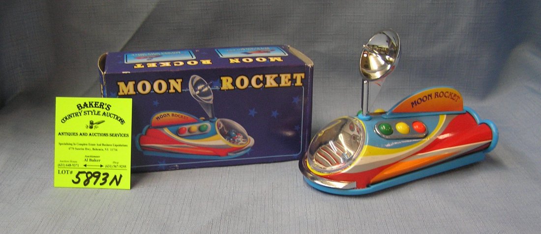 All tin Moon Rocket space ship with original box: All tin Moon Rocket space ship with original box est. value $40.00-$50.00