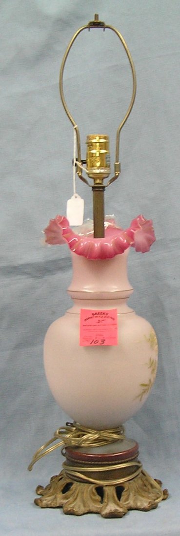Vintage hand painted floral decorated table lamp: Vintage hand painted floral decorated glass and brass table lamp condition as found top damaged est. value $75.00-$100.00