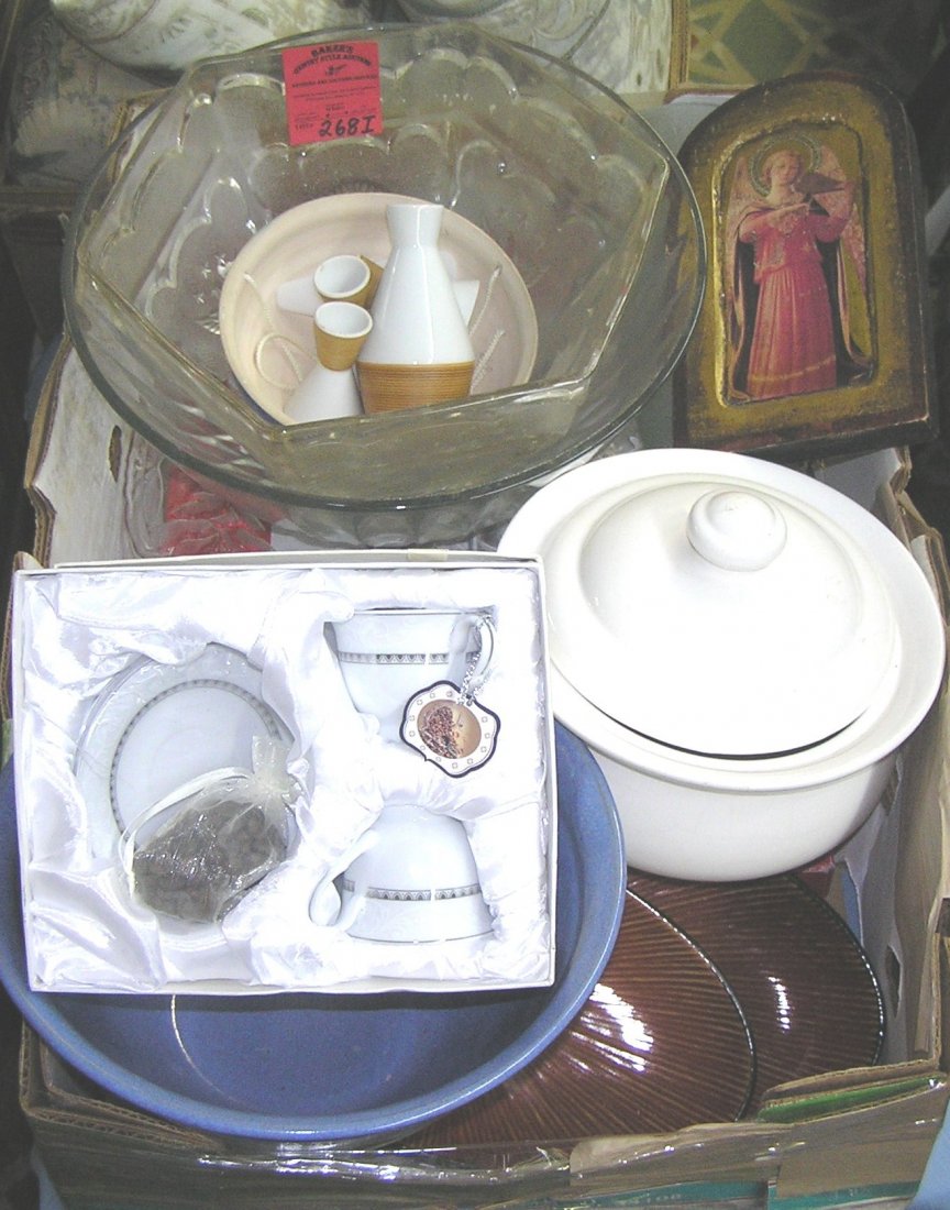 Large box full of estate collectibles: Large box full of estate collectibles includes stone ware, art pottery, china, glassware, religious wood Icon and more est. value $75.00-$80.00
