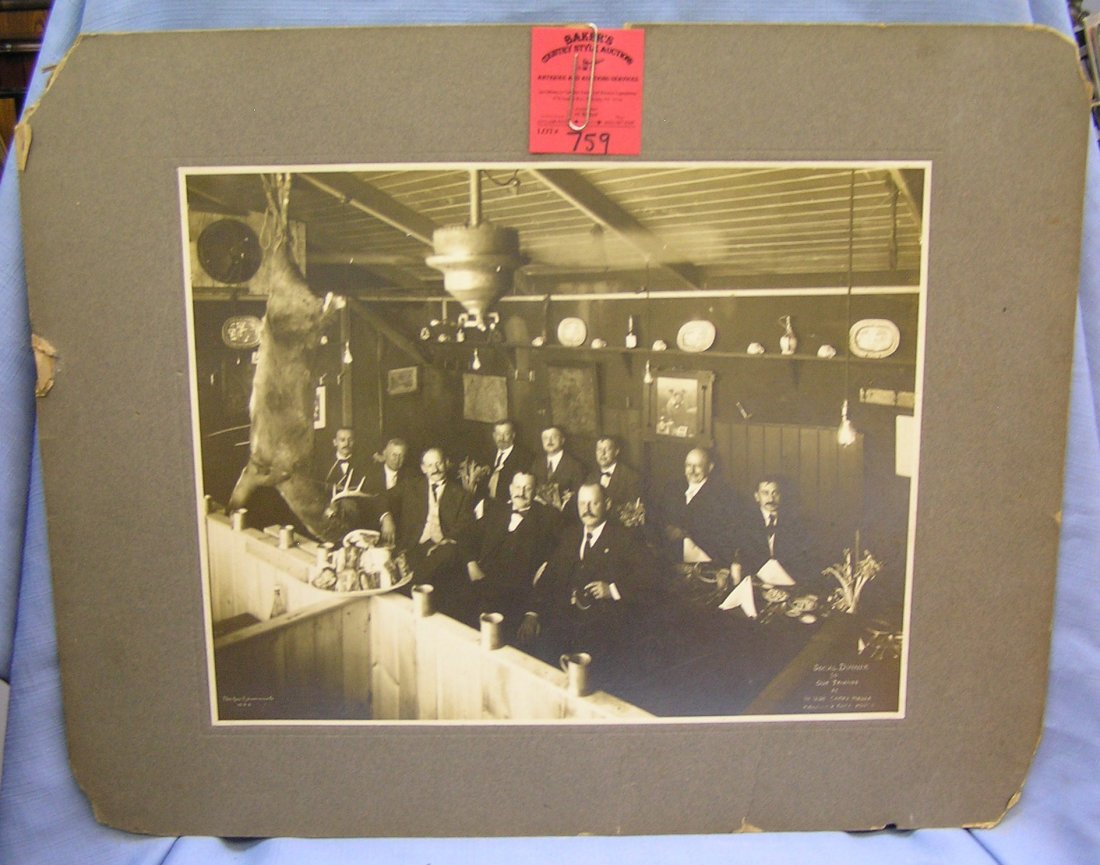 Antique photo of a social dinner: Antique photo of the social dinner to our friends at ye old chop house pictures large hanging buck and gentleman around dinner table circa early 1900’s est. value $50.00-$75.00