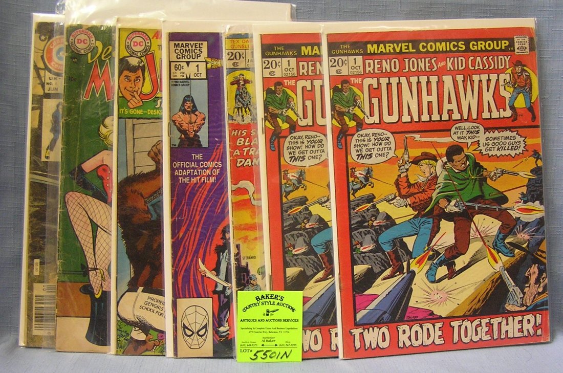 Group of vintage comic books: Group of vintage comic books by Marvel, DC, Charlton includes Gun Hawks, first editions, Tex Dawson Gun Slinger, Conan the Barbarian 1st edition, early Jerry Lewis and Lewis and Martin, House of Yang 