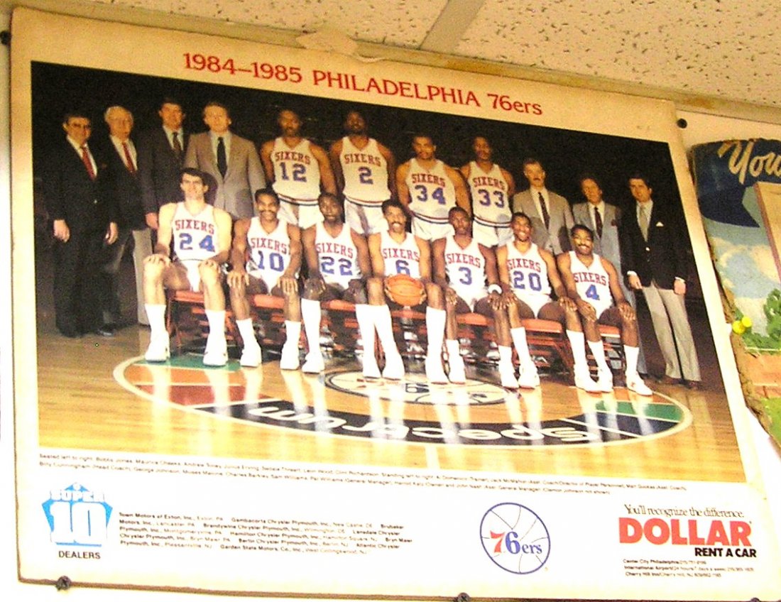 Vintage Philadelphia 76er’s team photo: Vintage Philadelphia 76er’s team photo advertising display sign for Dollar Rent A Car includes all stars Maurice Cheeks, Dr. J, Moses Malone, Charles Barkley and the rest of the all star team est. v