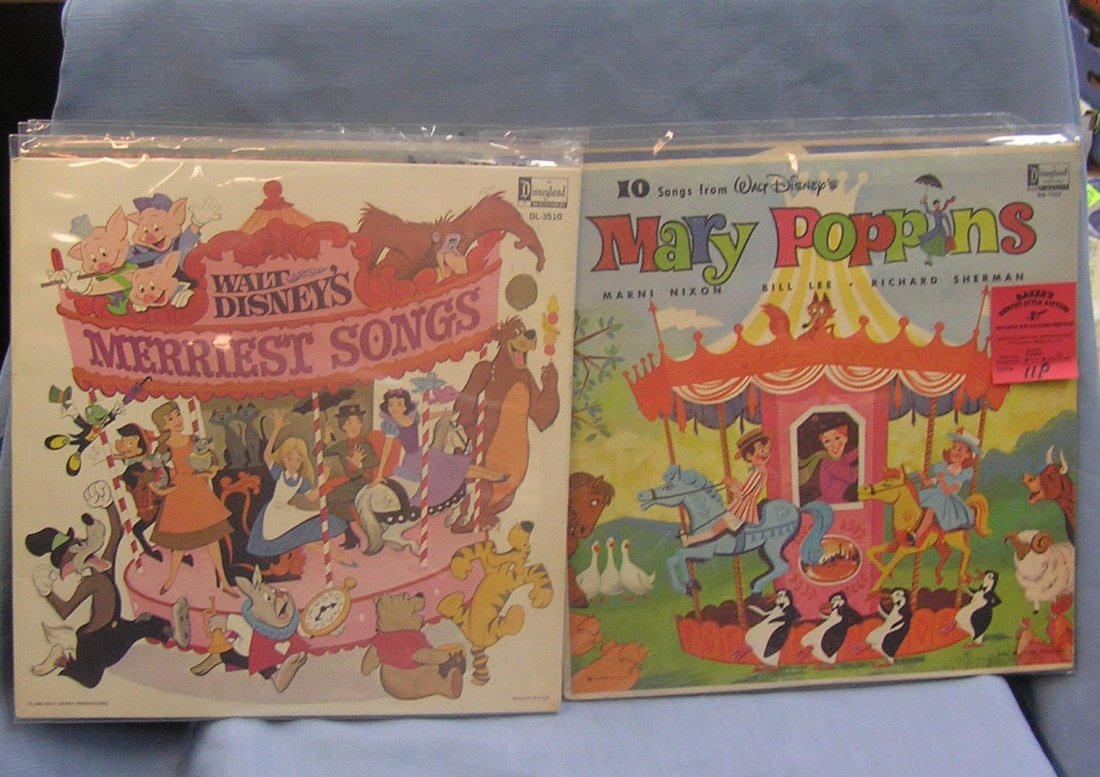 Group of vintage children's records: Group of vintage children's records includes Mary Poppins, Disney's merriest songs, Jungle Book, Disney's motion picture hits, The Grasshopper's Chipmunk songs est. value $50.00-$75.00
