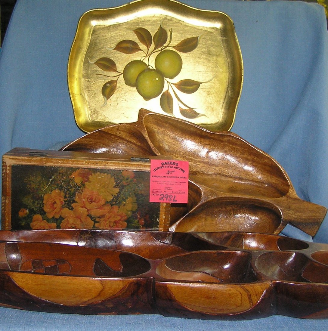 Box full of vintage wooden estate pieces: Box full of vintage wooden estate pieces includes serving bowl, platter and trinket/jewelry box est. value $65.00-$75.00
