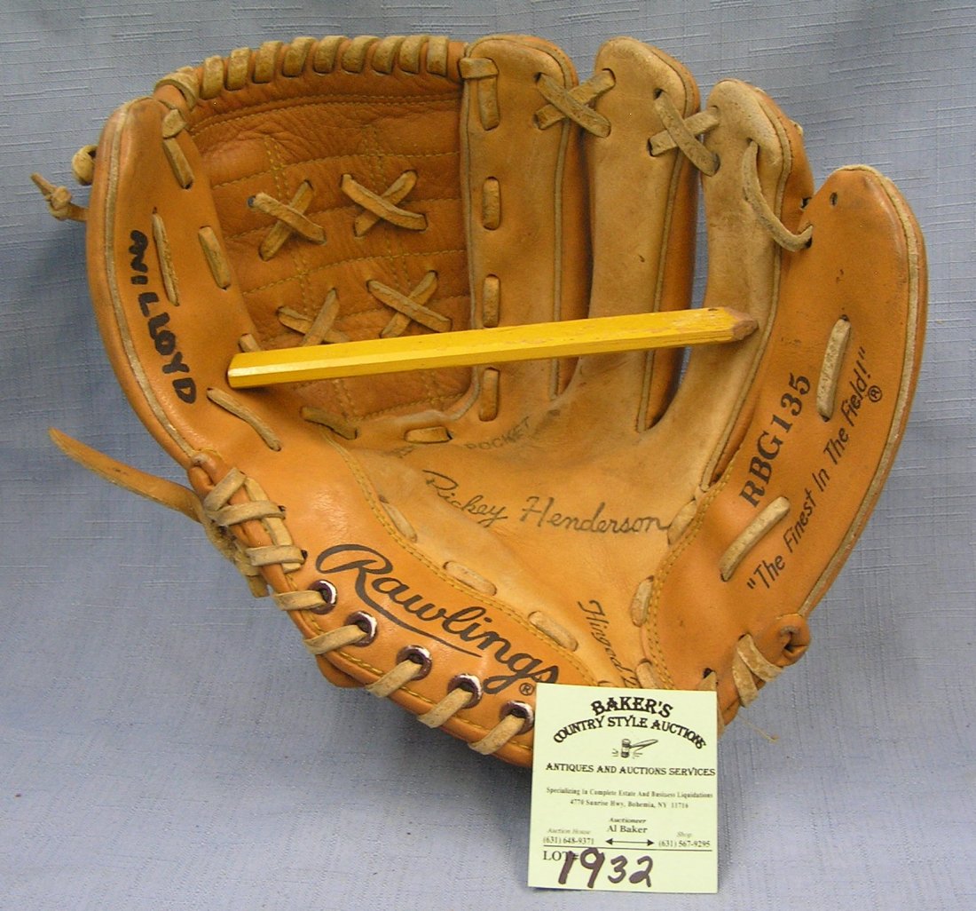 Vintage leather Ricky Henderson baseball glove by: Vintage leather Ricky Henderson baseball glove by Rawling est. value $40.00-$60.00