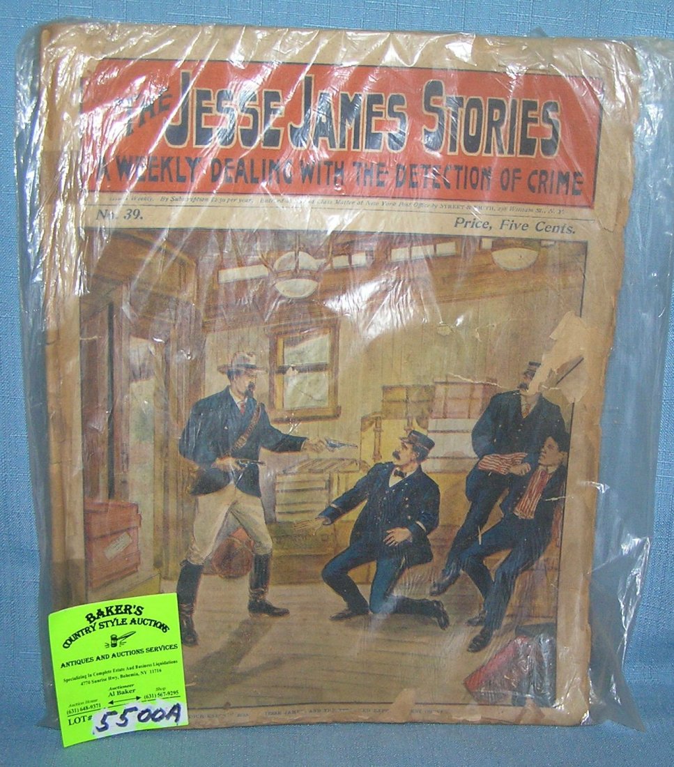 Antique Jesse James story book dated 1902: Antique Jesse James story book dated 1902, this great early pulp style story book is loaded with Jesse James' stories and adventures, original cover price is 5 cents, condition fair to good, rare est.