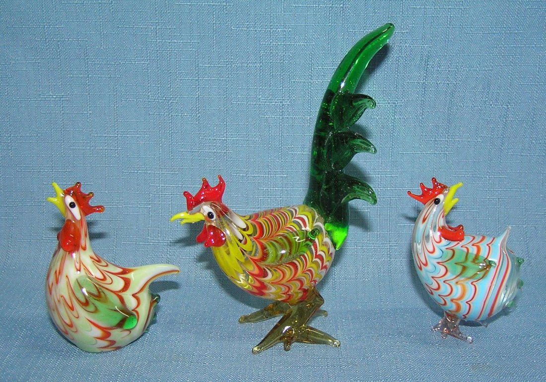 Group of 3 hand painted Murano Glass figurines: Group of 3 hand painted Murano Glass figurines includes one rooster and two hens with original box est. value $50.00-$75.00