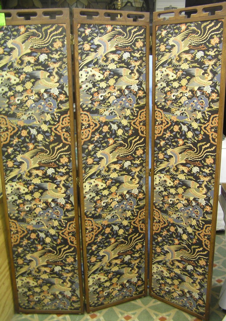 Vintage three panel oak room divider/changing screen: Vintage three panel oak or walnut hardwood room divider/changing screen with Asian dragon type decoration, each panel is 18 inches wide and the height is 6 feet est. value $350.00-$400.00