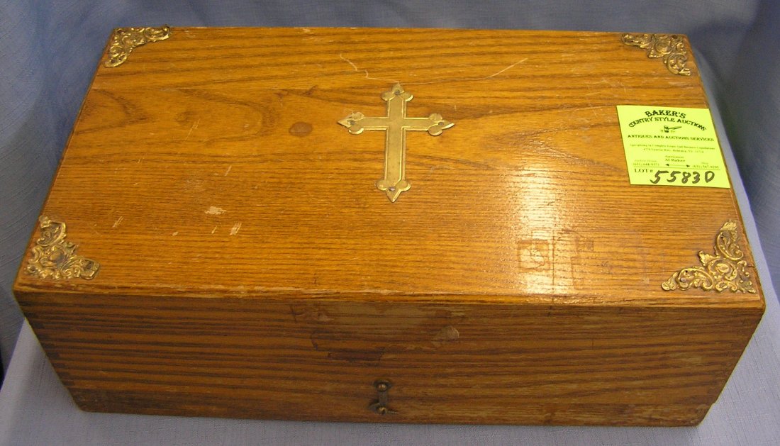 Early hardwood religious storage box: Early hardwood religious storage box with gold plated hardware est. value $40.00-$60.00