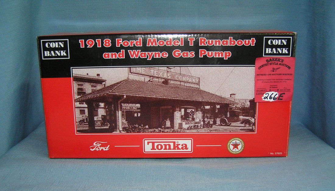 Ford Model T and Wayne gas pump coin bank: Tonka 1918 Ford Model T runabout and Wayne gas pump limited edition coin bank, mint in box est. value $40.00-$50.00