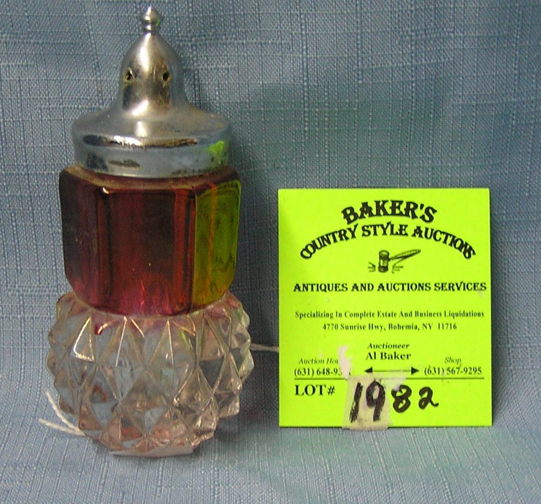 Antique two toned crystal salt shaker: Antique two toned crystal salt shaker with cast metal lid est. value $30.00-$35.00