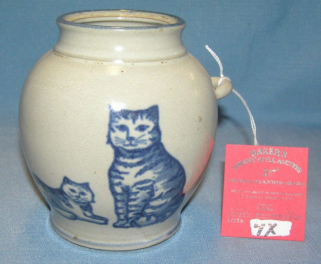 Blue cat decorated earthenware vase: Blue cat decorated earthenware vase est. value $40.00-$50.00