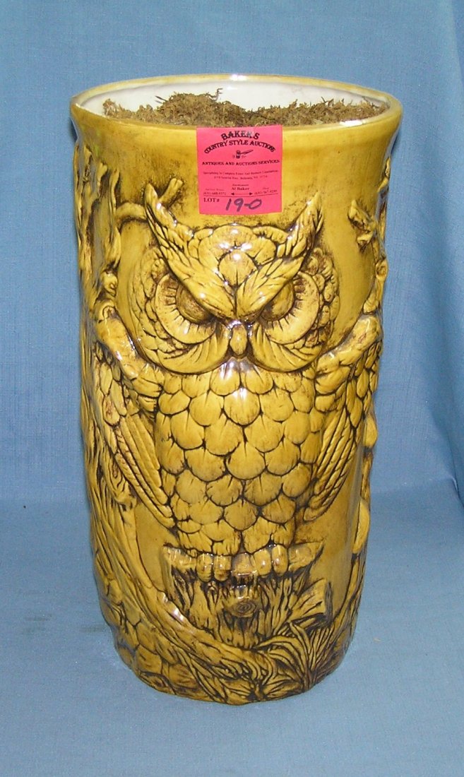 Vintage owl decorated planter/umbrella stand: Vintage owl decorated 17 inch art pottery planter/umbrella stand est. value $80.00-$100.00