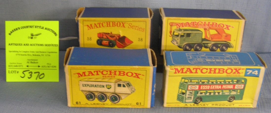 Group of four Vintage Matchbox vehicles: Group of four Vintage Matchbox vehicles includes #58 excavator, #61 stallwart transporter, #30 crane and a #74 bus $250.00-$300.00