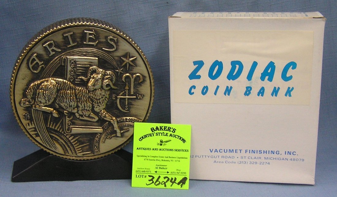 Vintage cast metal zodiac bank Aries: Vintage cast metal zodiac bank Aries with original box est. value $65.00-$75.00