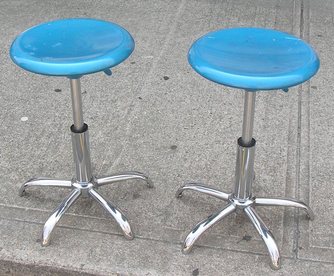 Pair of Snap On Tools style mechanic's stools: Pair of painted and chrome Snap On Tools style mechanic's stools, high quality circa 1960's est. value $80.00-$100.00