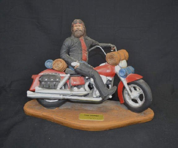 Harley Davidson "The Drifter" Signed Harley Davidson: Harley Davidson "The Drifter" Signed by Mark Patrick. Measures approx. 16" x 7" x 13". Chipped right hand.