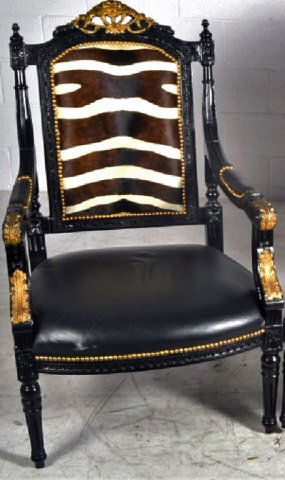 Wood, Leather & Zebra Hide Rivet High Back Chair: Beautiful Wood, Leather & Zebra Hide Rivet High Back Arm Chair. No Furniture markings.
