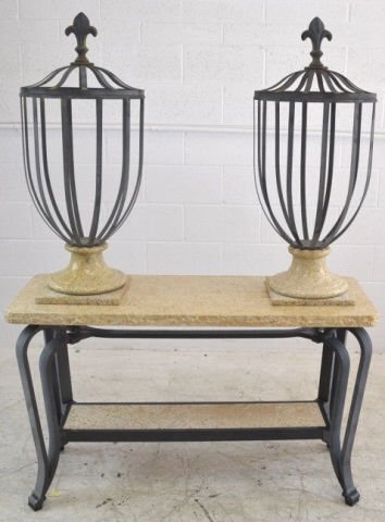 Marble Top Candle Lantern Sofa Table Marble Top Candle: Marble Top Candle Lantern Sofa Table measuring approx. 48"x17"x29.5" and Candle Lanterns stand 37.5" tall off of table.