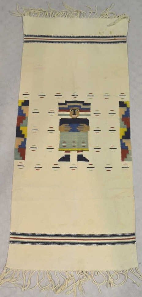 Chimayo Tapestry Hand Woven Rug Chimayo Tapestry Hand: Chimayo Tapestry Hand Woven Rug Chimayo Tapestry Hand Woven, Rug, Measuring 46" high by 19" wide. Some Stains (see picture). Second picture is the flip side.