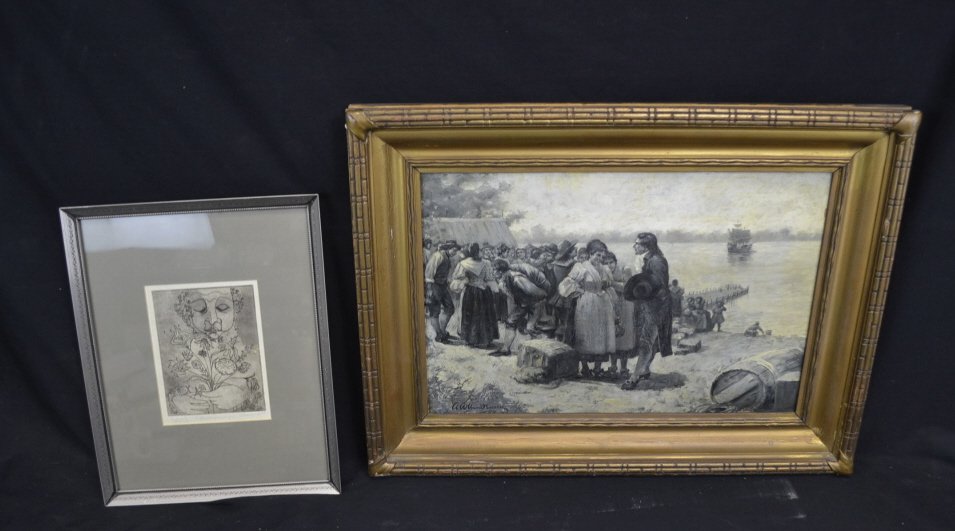 Framed Etching by Clements & Oil On Board, Signed: Framed Etching by Clements & Oil On Board, Signed