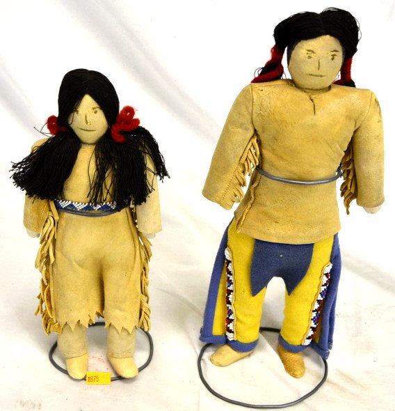 (2) Hand Made Leather Native American Doll Pair: The Male Doll is 12" Tall the Female is 10" Tall. Both look to be in good condition and come with the doll stands.