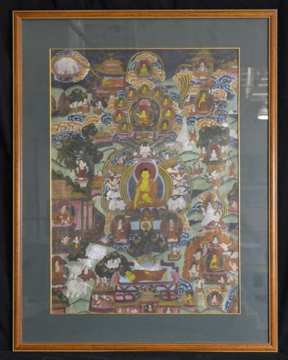 Asian Thangka Buddhist ink & Watercolor on Paper: Measuring 35" by 27".
