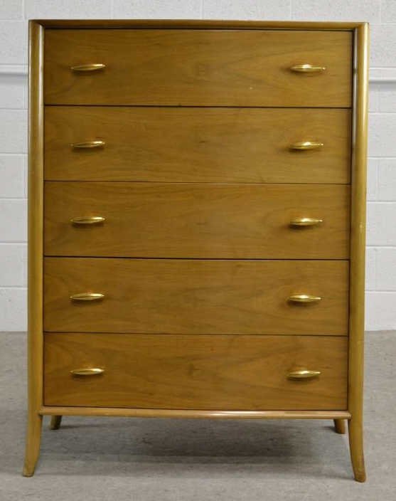 T.H. Robsjohn-Gibbings, WIDDICOMB Highboy Dresser: Designed by T.H. Robsjohn - Gibbings Slim oval handles are made of pressed porcelain with a baked on surface of 22 carat gold.