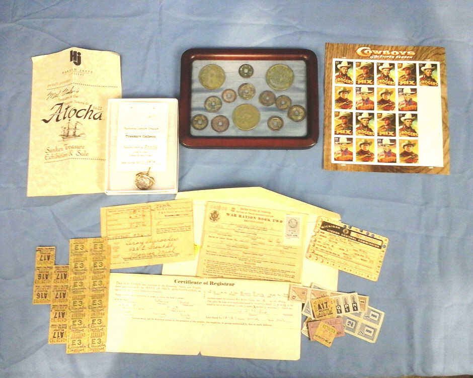 War Rations, Gas Stamps Ww2, Asian Coins: Cowboy Stamps, Sunken Galleon Treasure.