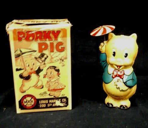 Marx Porky Pig Tin Litho Toy, With Box 1939: Art By Leon Schlesinger. Vintage Toy Winds And Works, Umbrella Spins. Porky Pig Approximately 8.5 Inches Tall. **box Is Missing One Flap Of Top Of Box. Box Has Damage On Top Edge And One Tear To Face 