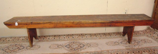 19th Century Virginia Crock Bench: 19th Century Virginia Crock Bench with mortised thru top, boot jack feet - signs of original Amish paint 16h x 54 l