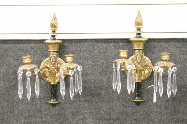 Early Wall Sconces: Early Gold and Black Wall Sconces with Crystal Prisms 15" tall