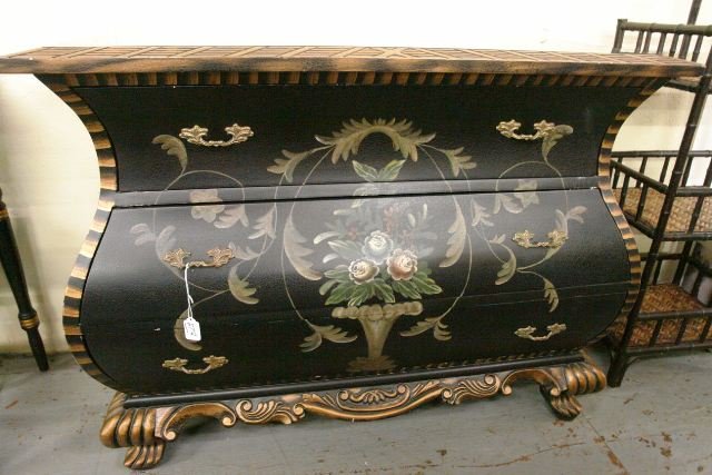 Mailand Smith Marble Top Chest: Mailand Smith Marble Top insert Chest, hand painted with Leaf and Flower design - gold carved skirt - 32t x 43w x 18d