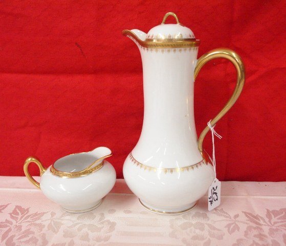 Limoges tall Tea Pot and Creamer: Limoges tall Tea Pot and Creamer - both trimmed in gold leaf design - teapot 11" tall
