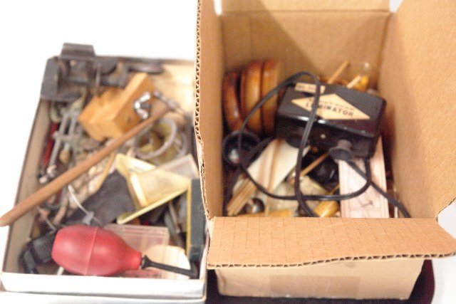 Two Boxes Watch Maker's Parts and Tools: Two Boxes Watch Maker's Parts and Tools