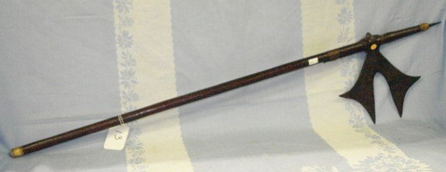 Ethnic War Axe: 28" Ethnic War Axe with 8" Wide Steel Blade with Hardwood Haft Tip w/ oxbone and Small Pike and Oxbone Cap, Shows very Old Patina