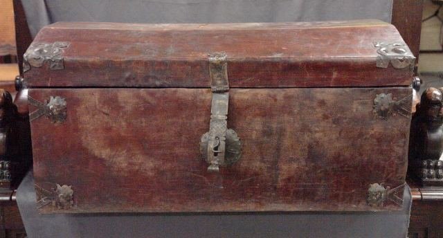 19th Century Leather Travel Trunk: 19th Century Leather Travel Trunk with original hardware and decorated latch 16t x 32w x 19d