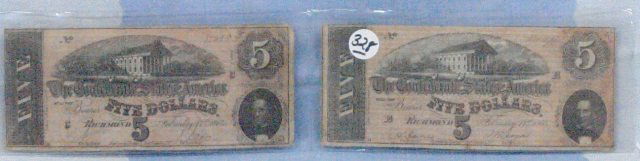Confederate 5 Dollar Bills: 2 Confederate 5 Dollar Bills Date Feb. 17th 1864 Richmond, VA